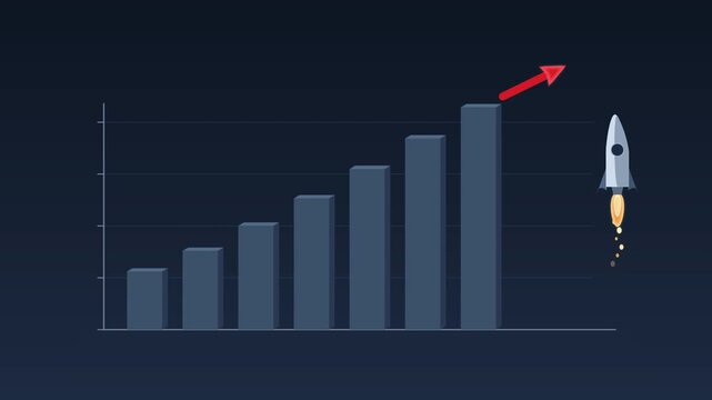 3d animation growth chart with red arrow indicating profit increase and rocket launch symbolizing development and success