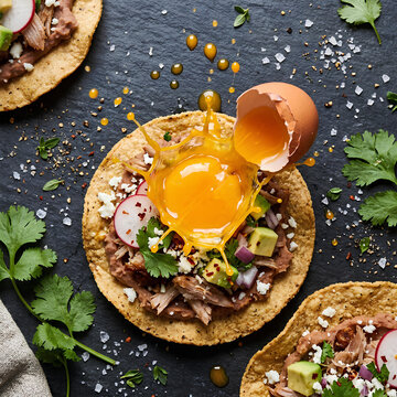 Delicious tostada with cracked egg avocado and cilantro on dark slate background
