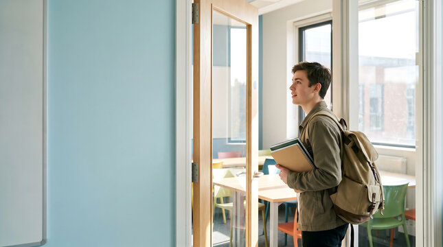 A focused model student enters an education facility, carrying books. The background offers ample copy space, making this image ideal for advertising and education promotion.