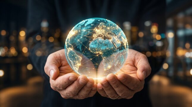 Business person holding glowing digital globe with interconnected network lines representing international communication global business connectivity and technological advancement concepts