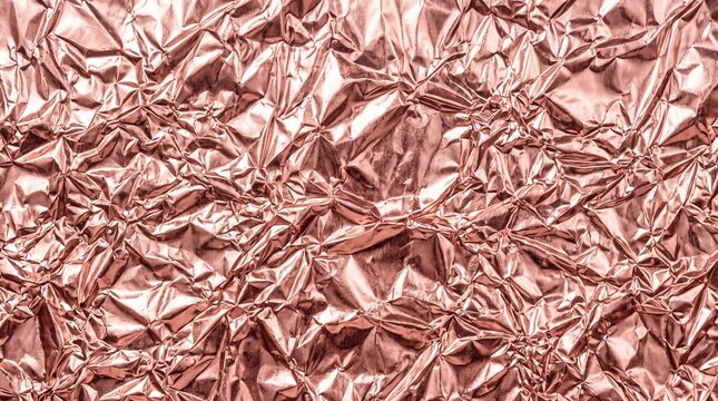 Rose gold metallic foil texture background, crumpled shiny metal sheet with reflections for luxury design projects
