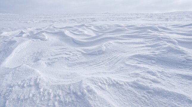 Closeup of windswept snow textures in a vast arctic landscape