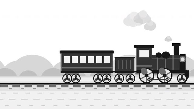 Loopable vintage black and white footage of a retro steam train with passenger cars running on tracks, emitting smoke