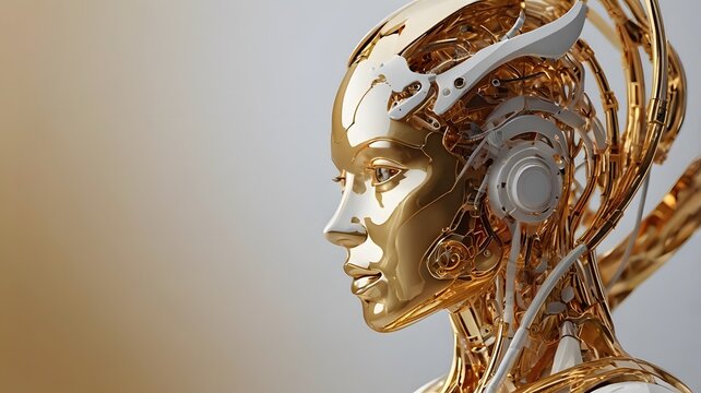 Futuristic metallic golden female cyborg android head profile concept illustration background for corporate stock photo presentation website background header element