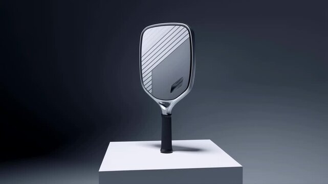 Modern pickleball paddle rotating on a white pedestal against a dark gradient background