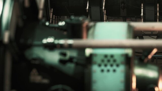 Workers operate large machines in a factory setting. The machines are producing parts and moving materials. Light shines through windows revealing busy operations.