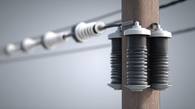 Detailed view of an electric power pole with insulators and cables