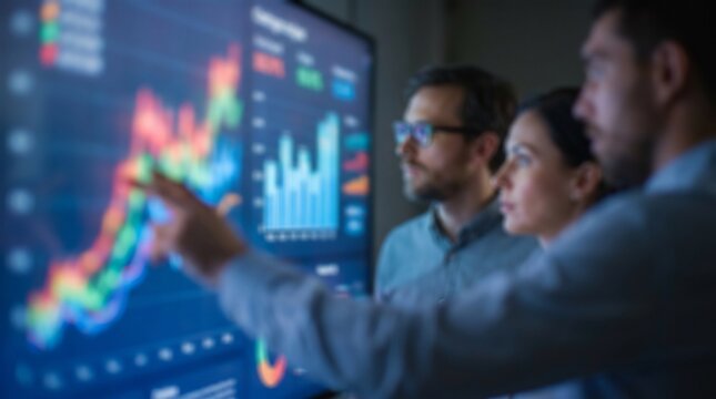 Business professionals working together in dark office environment analyzing complex financial data visualizations on large digital wall screen to identify growth trends and market insights