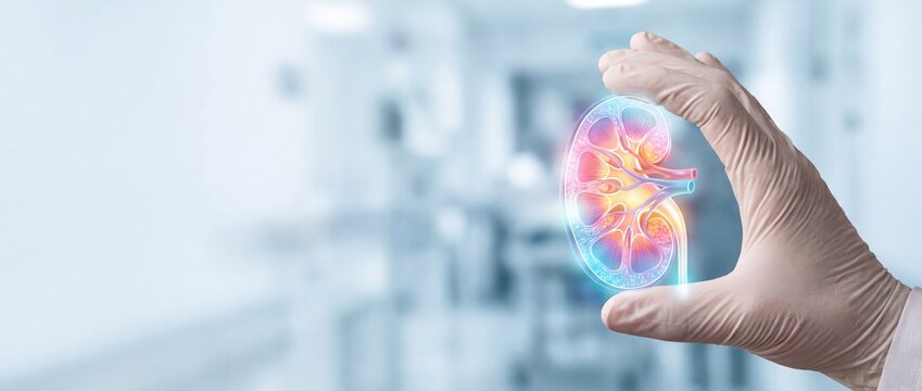 Kidney health, organ transplant, and urology disease treatment concept, Doctor's hand showing glowing human kidney anatomical structure
