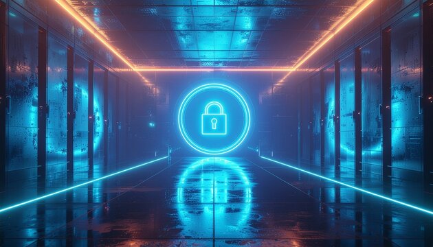 Futuristic digital cybersecurity server corridor with glowing neon padlock hologram