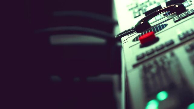 A close view of sound equipment is shown in a music studio with dim lighting. Cables are connected, and buttons are visible. This scene highlights the recording process at night.