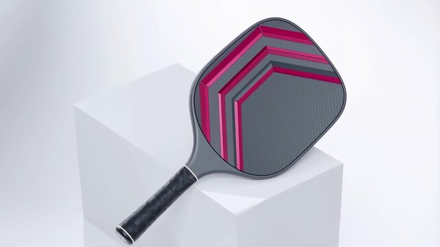 Professional pickleball paddle rotating on a minimalist white pedestal in studio lighting