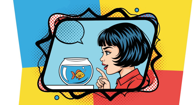 Woman talking to fish in pop art style