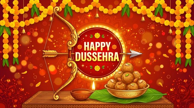 Greeting card with bow, sweets laddu and bidi leaves (Apta, Bauhinia) for Navratri festival with hindi text meaning Dussehra (Hindu holiday Vijayadashami). Vector ... 