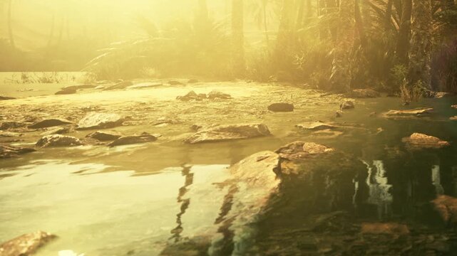 Sunlight shines on a calm water body in a natural setting. Trees and large rocks are visible along the waters edge. The scene appears peaceful and untouched during morning light.
