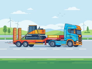 Naklejka premium Heavy Duty Excavator Transported On A Flatbed Truck Across The Landscape