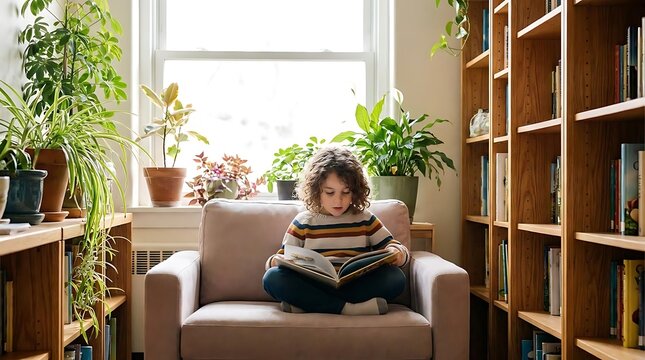 Young girl reading book on sofa in cozy room.