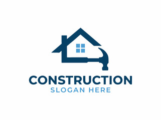Fototapeta premium Construction logo with house and hammer icon, home renovation and building services branding, blue real estate maintenance vector
