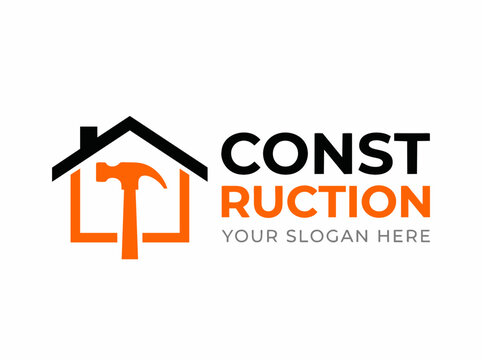 Construction logo with hammer and house icon. Home renovation and building services vector. Professional carpentry and handyman branding.