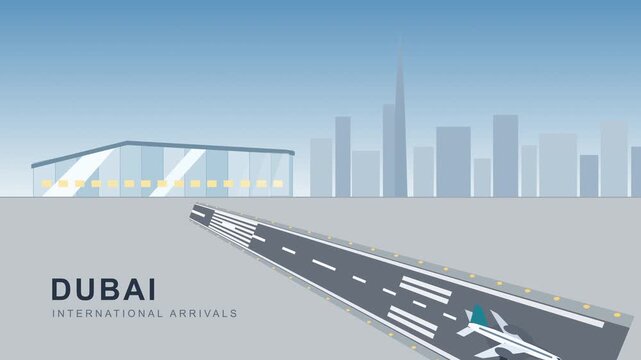 Plane landing at Dubai airport, modern terminal, cityscape skyline, runway lights, travel concept