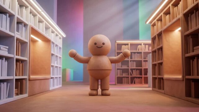 スマート図書館で頭に手を当てた姿勢から腕を広げて直立する可愛いクレイマスコットの3Dアニメーション