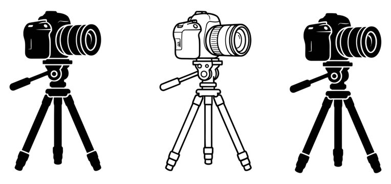 Three dslr cameras mounted on tripods in a black and white illustration style