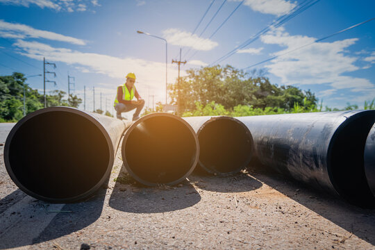 PE pipe stacks for water and gas supply systems at construction sites; piped water transmission systems at construction sites.