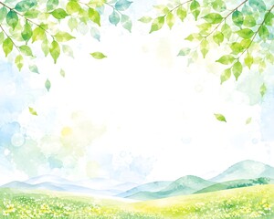 Fototapeta premium 春の光に包まれた水彩風の自然背景 新緑と花畑の風景