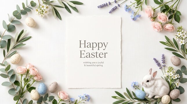 Easter floral frame with bunny and pastel eggs on white background 
