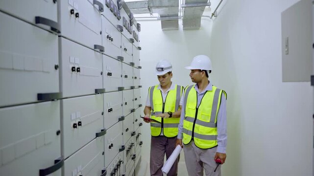 An electrician inspecting high-voltage transformers at a Building