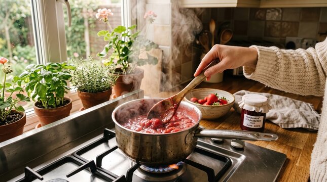 Woman stirring simmering strawberries in a pot on a stovetop preparing homemade jam