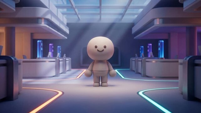 スマート銀行のデジタルプラザで前傾姿勢から直立する可愛いクレイマスコットの3Dアニメーション