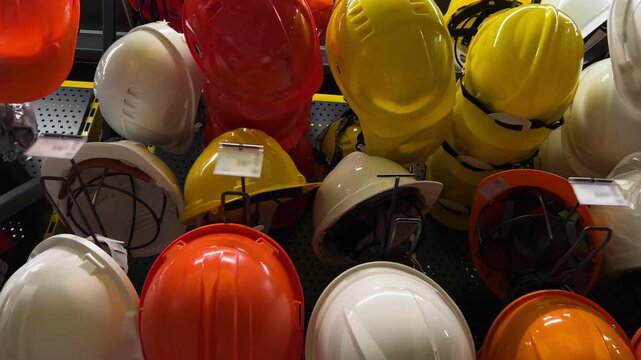Construction Helmets Display: Colorful Safety Hard Hats Hanging on Hardware Store Shelf | Orange White Yellow Protective Headgear Rack | Industrial Safety Equipment Retail Store