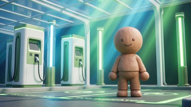 スマートシティのエコ充電プラザで前傾姿勢から直立する可愛いクレイマスコットの3Dアニメーション
