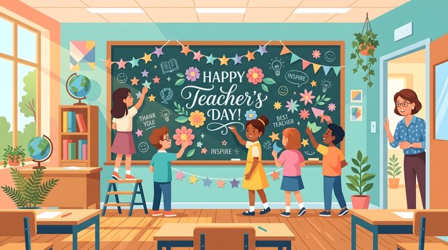 Diverse elementary school children and teacher decorating blackboard with "happy teacher's day" banner and colorful garlands, cheerful classroom atmosphere.