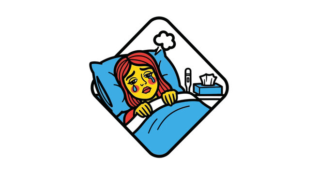 Woman in bed with thermometer and tissues, sick and unwell