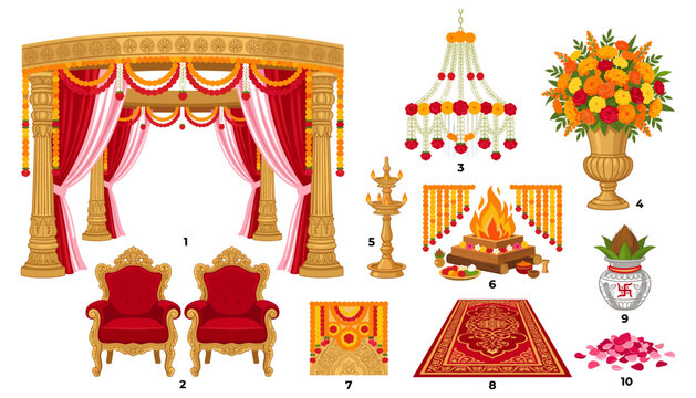 Traditional Hindu Wedding Mandap Stage Vector Set Featuring Golden Pillars Royal Chairs Havan Kund Fire Kalash Chandelier and Flower Decorations