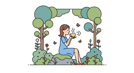 Fototapeta premium Woman drinking tea in nature, peaceful garden scene, gentle breeze and butterflies