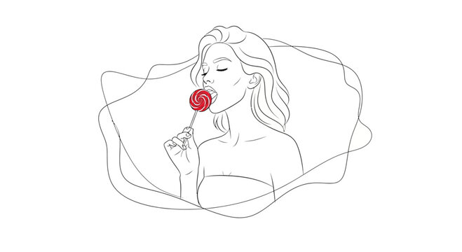 woman eating lollipop, sweet treat, line art