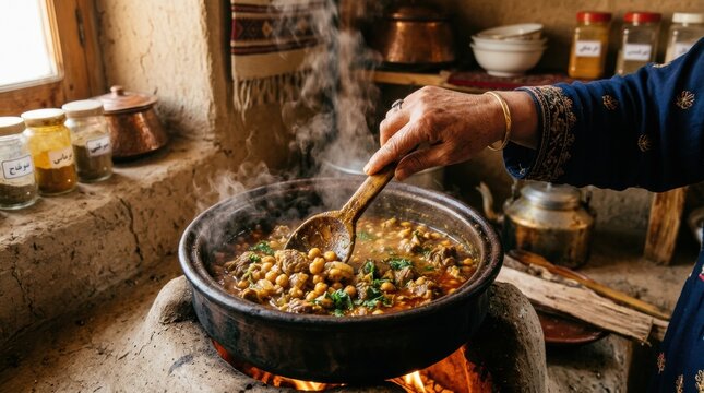 A close-up of a hand stirring a pot of lamb and chickpea stew, the stew rich, the meat tender, the chickpeas soft. The background shows a traditional Afghan kitchen.