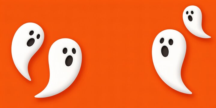 Cute white ghosts with surprised expressions floating on a vibrant orange background for halloween