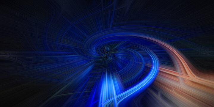 Abstract twisted light lines creating a dark blue and orange vortex pattern background.