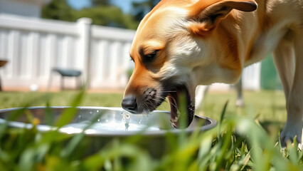 Fototapeta premium Dog drinking water from metal bowl in backyard, pet hydration and thirst