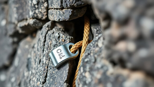 A steel climbing piton in granite with a rope, natural daylight.