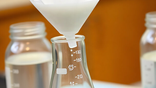 Glass filter funnel with filter paper over flask and jar of cloudy water on lab bench
