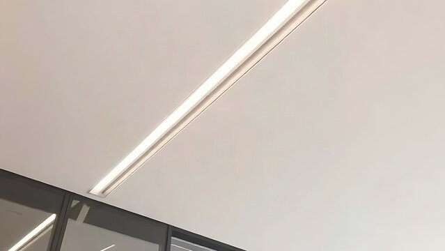 Modern building soffit with recessed linear LED strips in white ceiling.