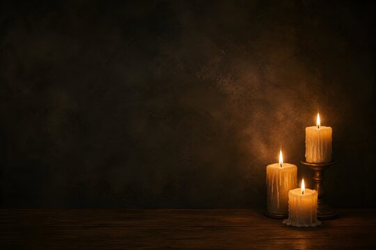 Three Burning Candles Against Dark Textured Wall with Copy Space