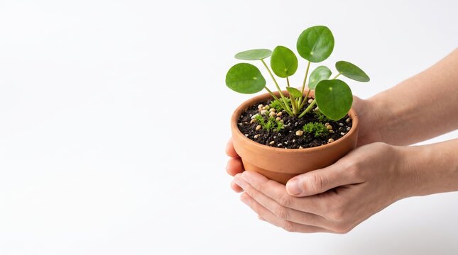 Hands gently holding small terracotta pot with fresh green pilea peperomioides plant against white, indoor gardening, houseplant care, urban jungle, home decor, botanical hobby