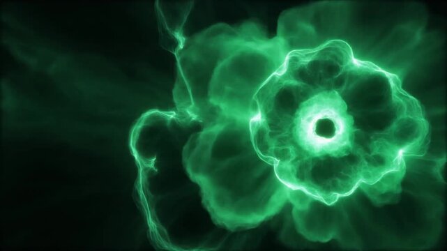 A glowing emerald energy cloud rolls and expands with thick luminous filaments twisting around a bright core, self-illuminated against total black &mdash; seamless loop perfect for premium cinematic overlay