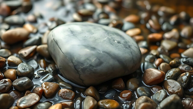 A smooth soapstone rock rests among wet river pebbles.